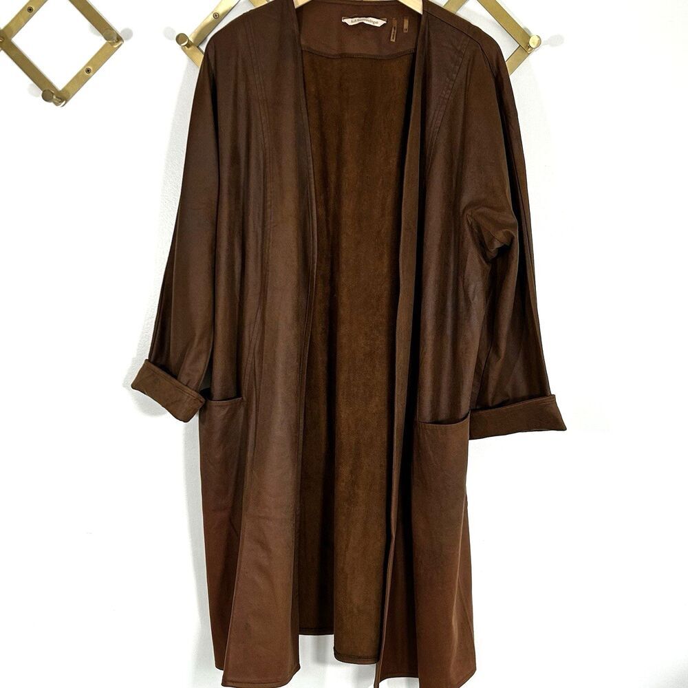 Soft Surroundings Faux Suede Duster Jacket Size 1X Brown Coat Open Front Pockets - Picture 2 of 10